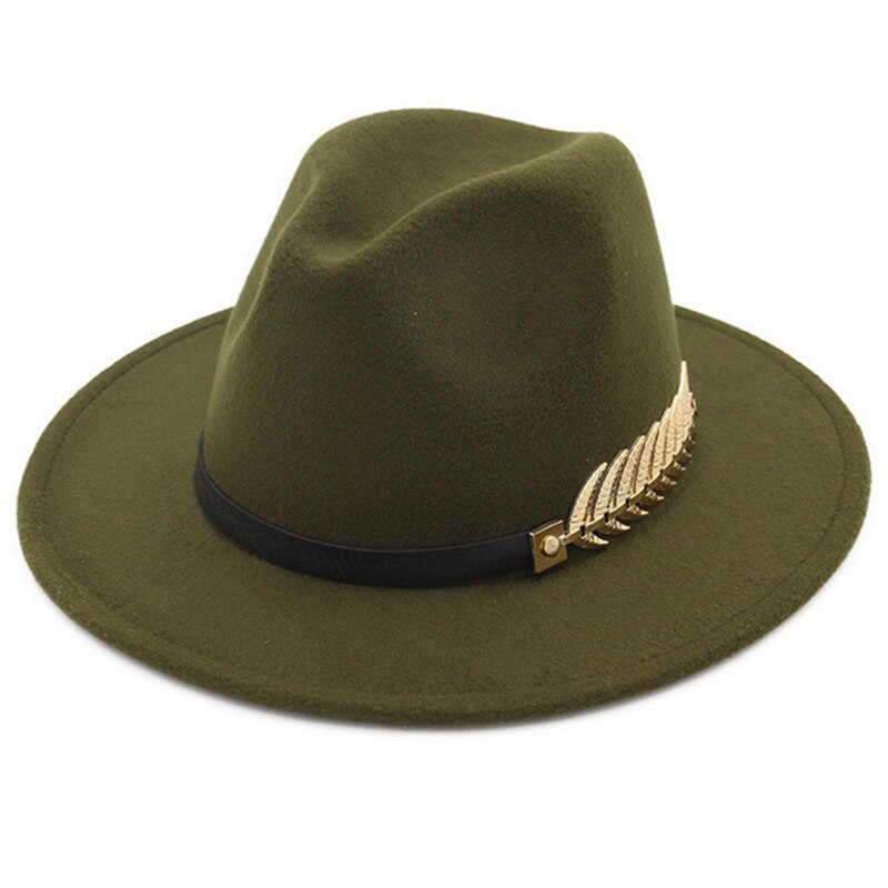 Sombrero de lana de estilo británico para hombre y mujer, gorro de lana de estilo británico, con plumas de hoja dorada, de fieltro de ala grande, Unisex: AG