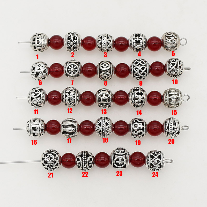 Perles en métal évidées en argent tibétain, fleur faite à la main, perles d'espacement papillon, fabrication de bijoux européens bricolage, 8mm, 24 modèles, 10 pièces par lot