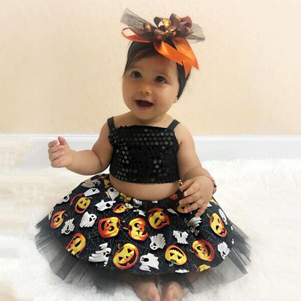 Halloween piger tøj spædbarn barn baby pige søde halloween stropper toppe + græskar print tutuoutfits sæt