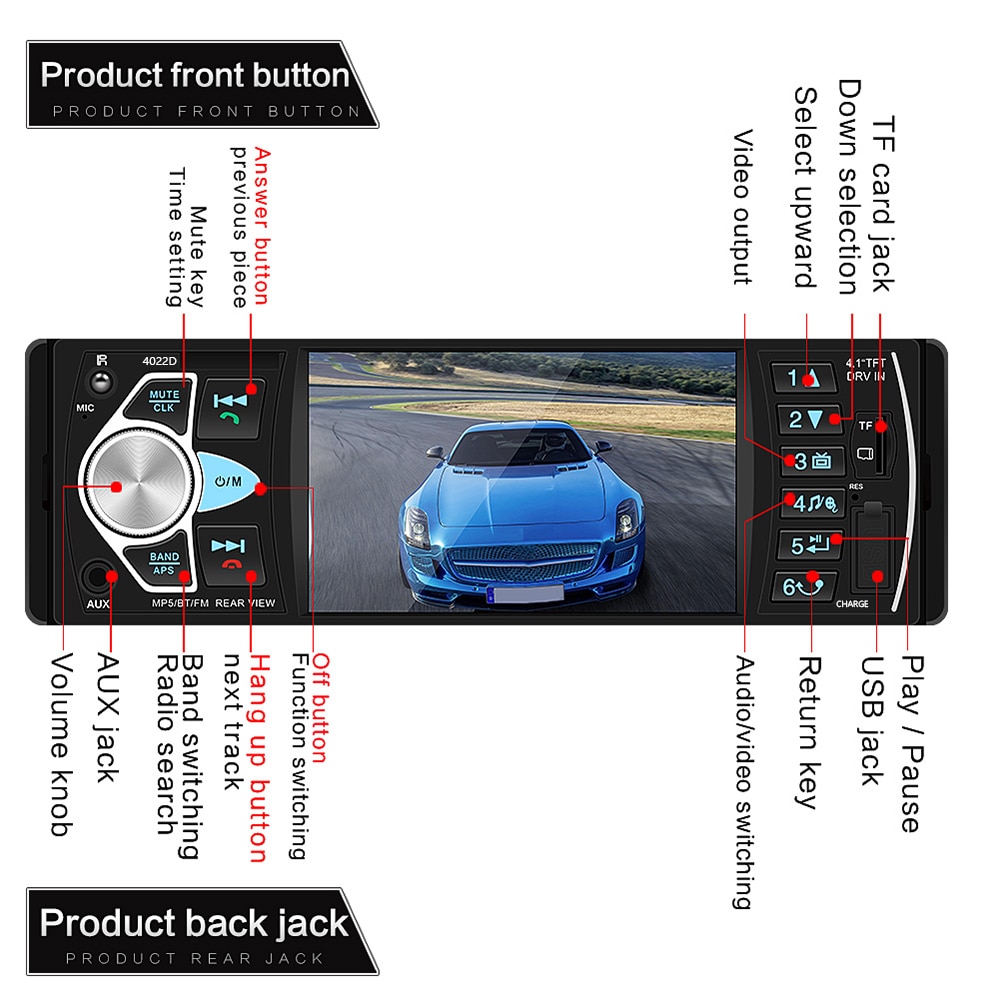 Hikity 4022D 4.1 inch 1 Din Car Radio Auto Audio Stereo autoradio Bluetooth Support Rear View Camera USB Steering Wheel Remote