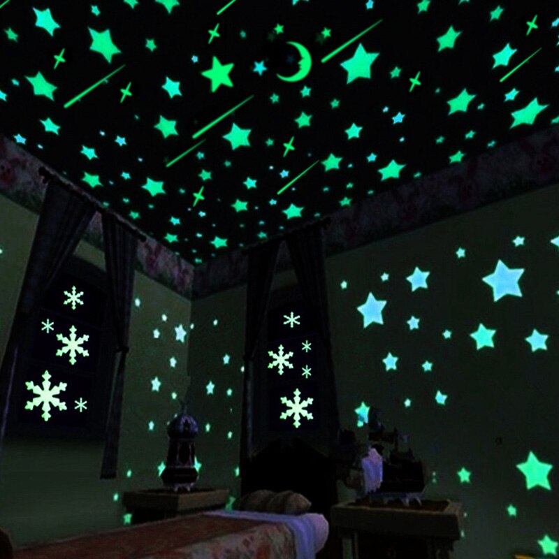 QIBU 100 stuks Lichtgevende 3D Ster Fluorescent Glow in The Dark Kerst Decoratie voor Kid woonkamer Accessoires DIY Muur stickers