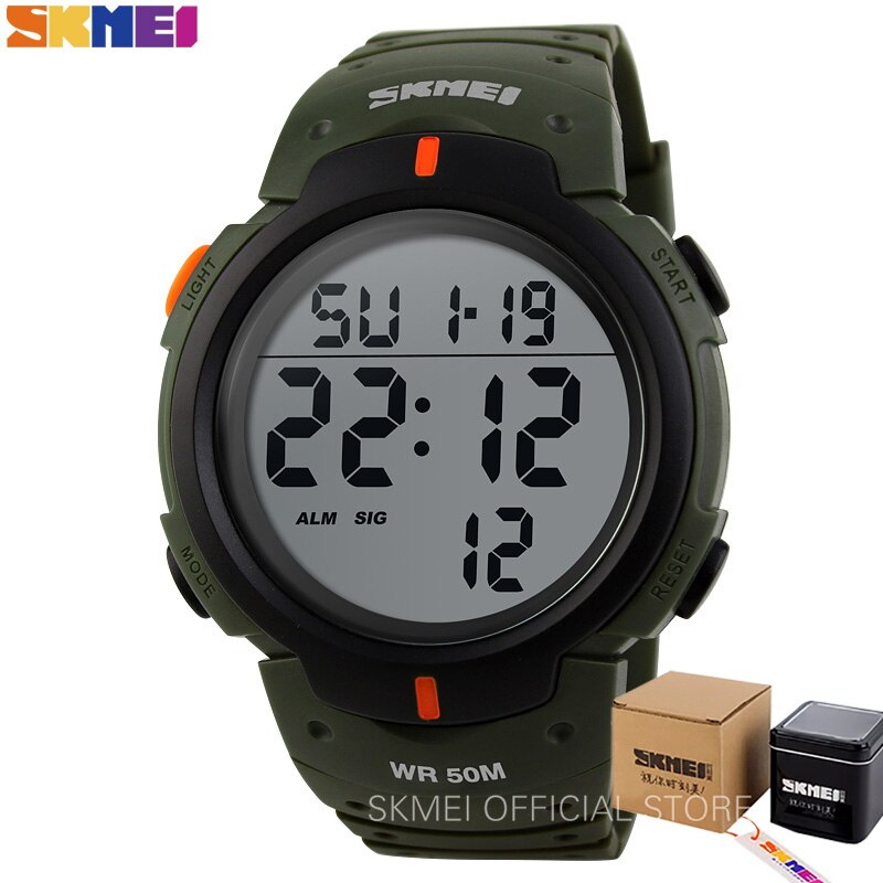 Skmei utendørs sportsklokke herre stor urskive enkle klokker kalender pu stropp 5 bar vanntett digital klokke reloj hombre 1068: Armygreen med boks