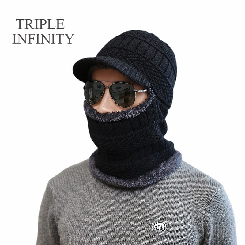TRIPLE INFINITY Brand Skullies Beanies Winter Knitted Hat Cap Elastic Thick Skin-friendly Warm Ear Protection Bonnet Men's Hats: Hat And Scarf A