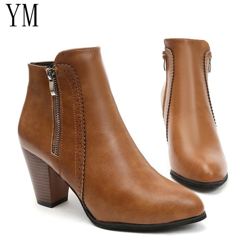 Return Women Ankle Boots PU leather Boots High heel 8cm Ladies shoes Side Zipper Short Boots for Women Shoes ship43