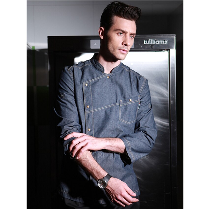 Chaqueta de Chef para hombre y mujer, chaqueta vaquera para restaurante, camarero, ropa de trabajo, uniforme de comida, servicio , abrigo