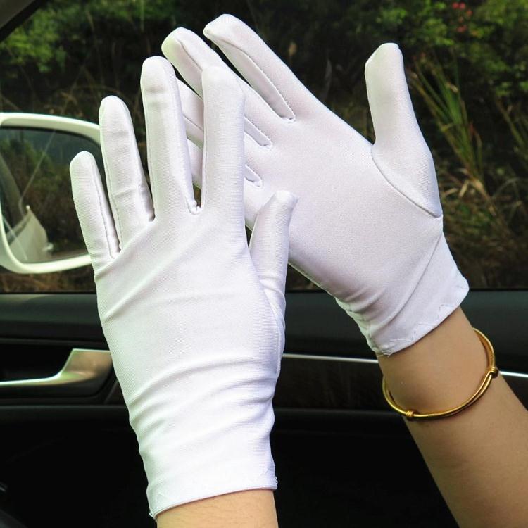 1 par solbeskyttelseshandsker forår sommer kvinder sort hvid etikette stretch tynd handske tæt kørehandsker smykker handske: Hvid