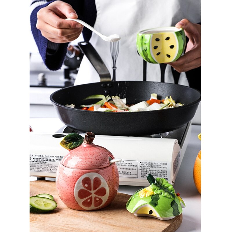 Porcelain Condiment Jar Spice Container with Lid Fruit Ceramic Box Sugar Salt Pepper Oil Tank Bottle Kitche: YELLOW