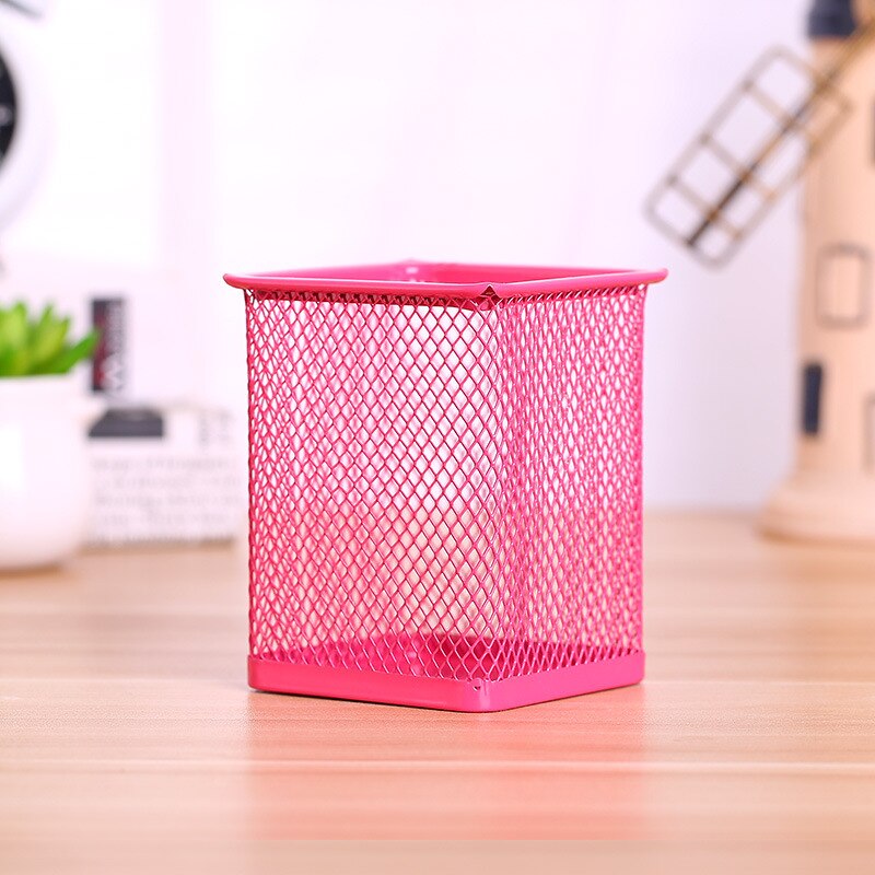 Pencil Holder Office Desk Metal Mesh Square Pen Pot Case Stationery Container Organiser Durable Pencil Case Black: Square pink