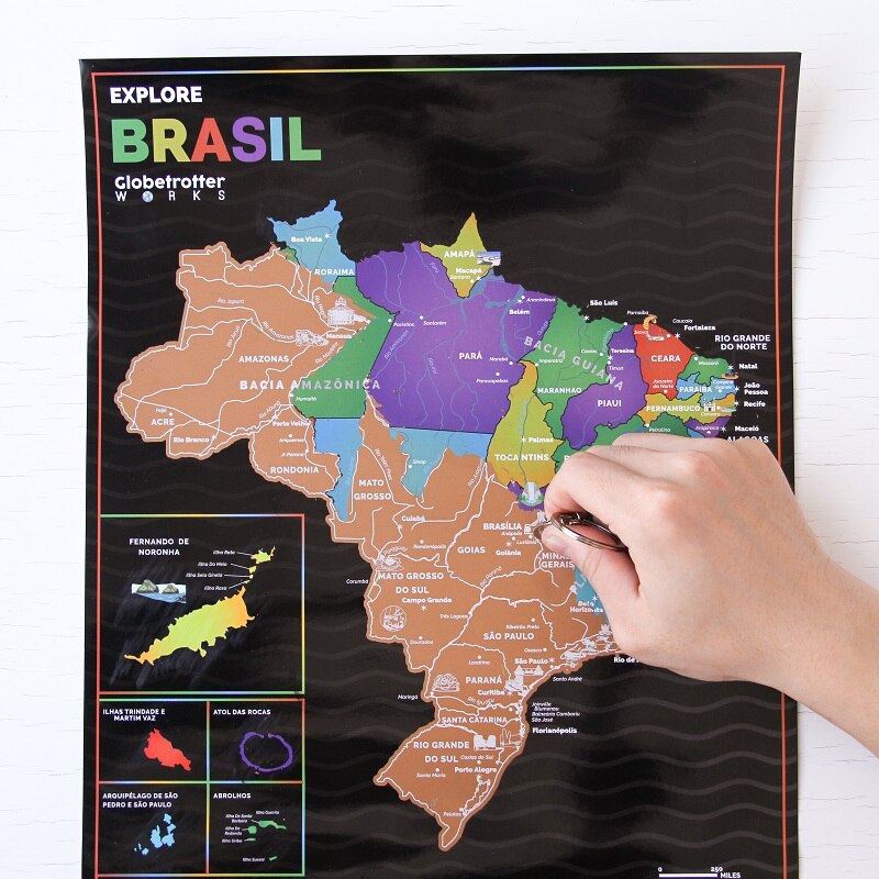 JOYLOVE One Piece 41x29cm Scratch Map of Brazil Gold /Silver Foil Overlay Mapa de raspar do Brasil Travel Map Poster