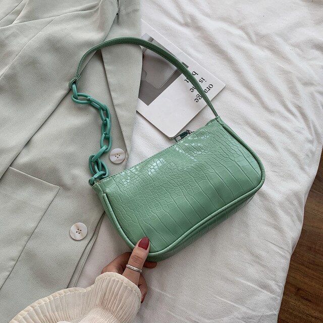 Retro skuldertasker pu læder krokodille mønster crossbody tasker kvinder bærbare håndtasker baguette tasker unik: Grøn