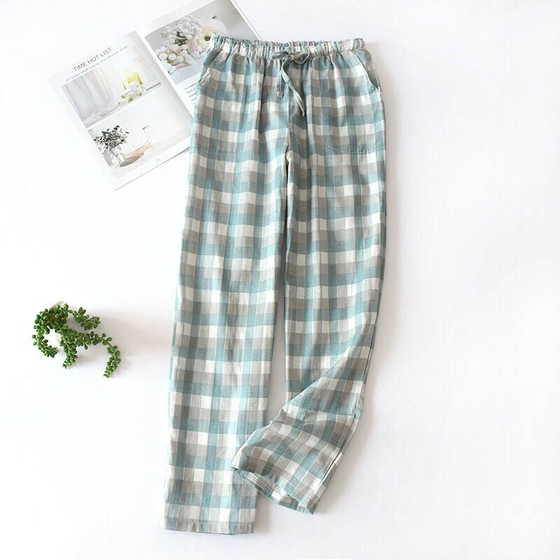 Comfort Gauze Cotton Lovers Plaid Sleep Bottom Thin Loose Men And Women Full Length Pants Spring And Autumn Soft Homewar Bottom: Women Green / L