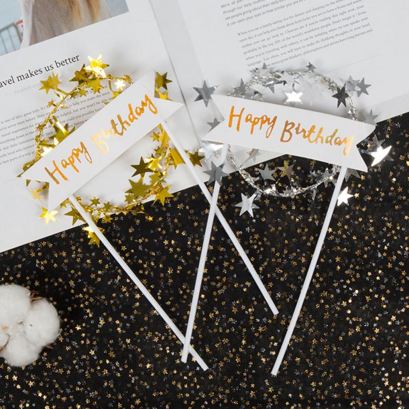 Cake Topper Happy Birthday LED Lighting Top For Kids Romantic Stars Garland Flag Wedding Decorations Baby Shower Banner Party