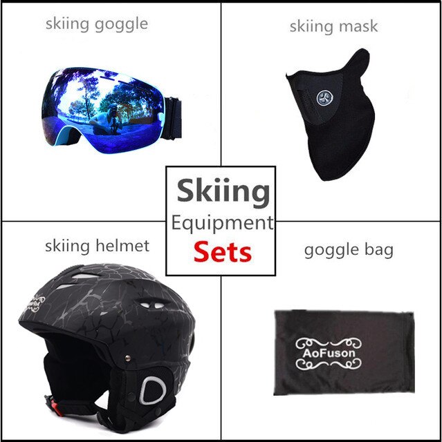 Snowboard Ski Helm Met Anti-Fog Ski Goggle Integraal Gegoten Ademend Helm Dubbele Lagen Grote Visie Skiën Goggle bril: Blue Frame / 58cm-62cm