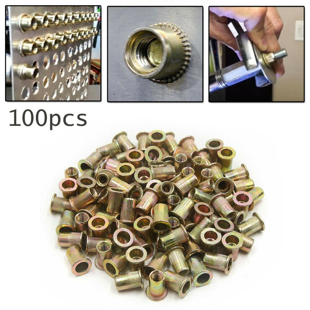 100pcs Car Auto M6 Metric Steel Rivet Nut Flat Head Threaded Insert Nutsert Tool Parts For Steel Plastic Fiberglass Accessories