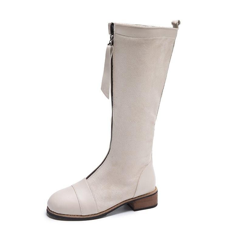 Bottes de créateur en cuir à genoux pour femmes, à bout rond, longues, épaisses, bloc, à talons hauts, noir, Beige: Beige / 35