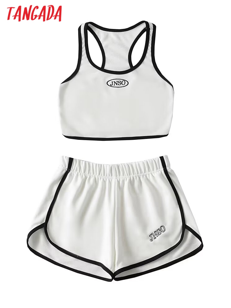 Tangada Tracksuits Two Piece Set White Tank and Shorts 2T83