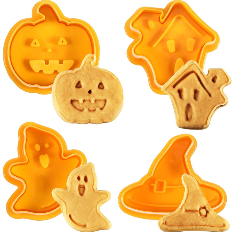 4 stuks Halloween Cookie Cutters Set Fondant Pompoen Stamper Gebak Cutter verende Handvat Cutter Set Cookie Cutters