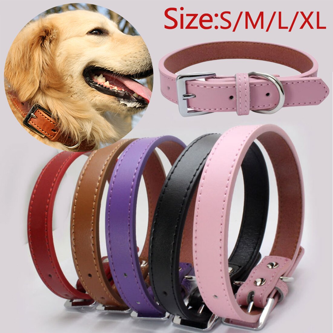 Kleurrijke hondenhalsband van pu-leer, verstelbaar, effen roze kattenhalsband, geschikt voor kleine, middelgrote en grote honden (maat s-xl)