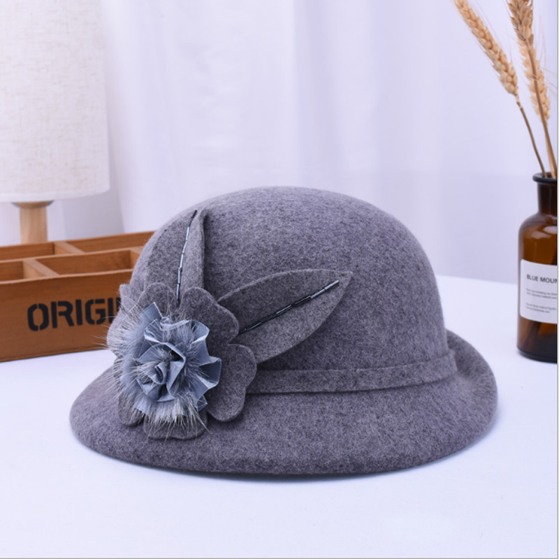 Mother Lady Autumn And Winter Woolen Curling Hats Woman Party Formal Top Grade 100% Wool Felt Hat Bucket Cap: Gray