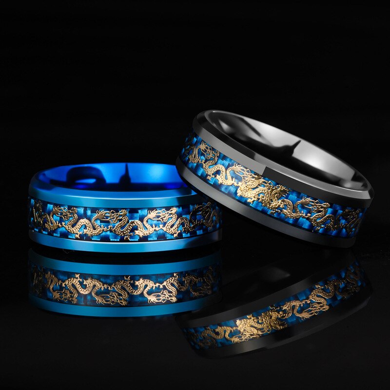 8mm hommes en acier inoxydable anneau classique en Fiber de carbone Dragon incrustation anneau pour hommes anniversaire bijoux de mariage bijoux