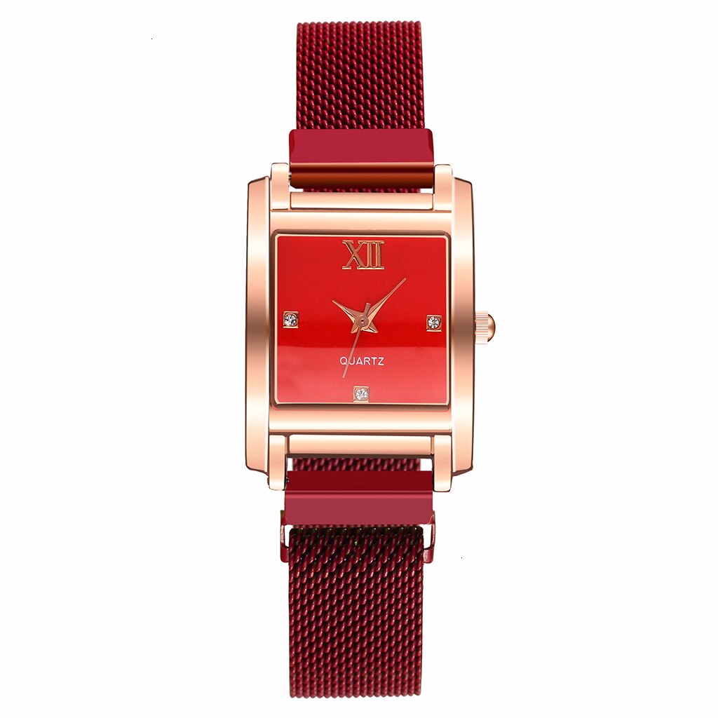 Vrouwen Vierkante Case Vorm Roma Dimond Dial Horloge Luxe Dames Magneet Gesp Band Quartz Horloges Voor Klok: red