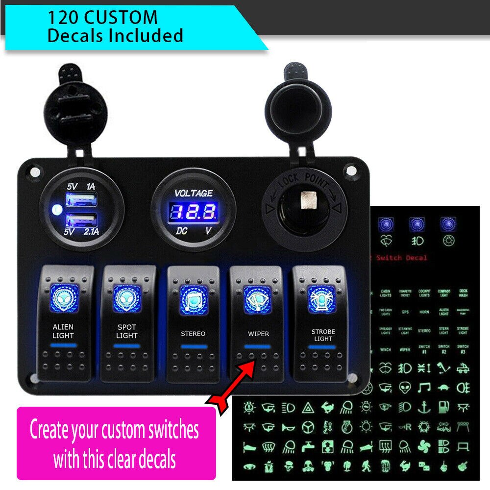 12V 5 Gang LED Rocker Switch Panel Car Boat Marine With Voltmeter & Fuse Box Dual USB Slot Socket Digital Voltage Display