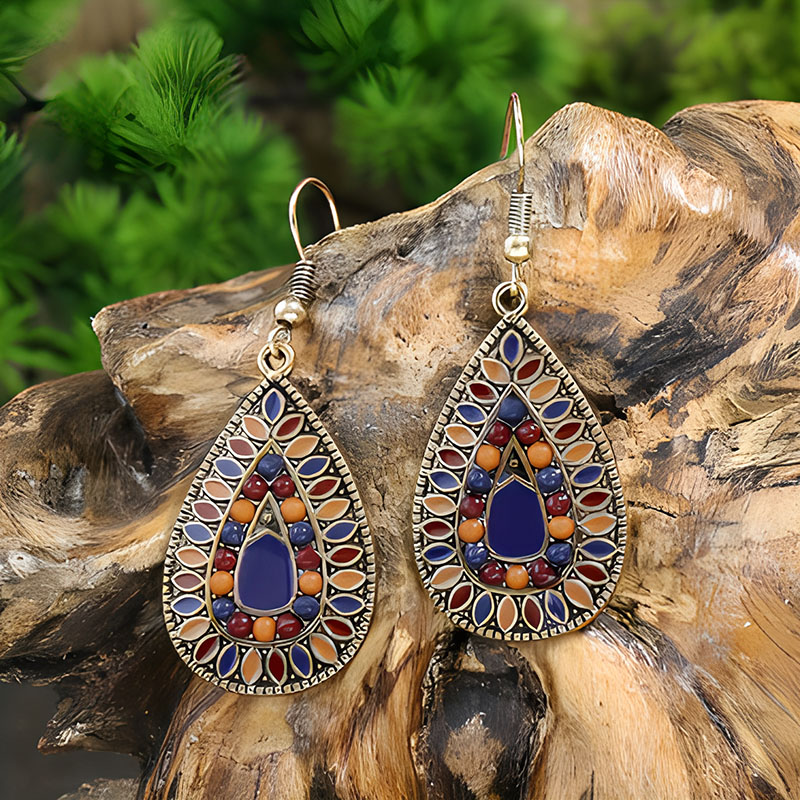 Pendientes de gota de agua de aleación étnica bohemia para mujer, pendientes colgantes de aceite de gota Multicolor Retro, joyería para diaria y vacaciones: Vino tinto