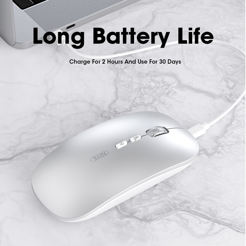 Niye Rechargeable Wireless Mouse - Bluetooth & 2.4GHz USB - Silent Click - Adjustable DPI - for iPad, Laptop, PC