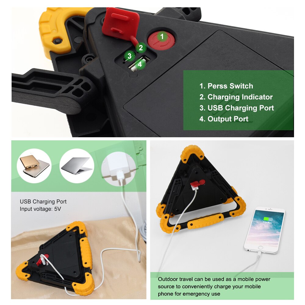 Bärbar nödlampa 30w cob led bil varningslampa utomhus camping lampa usb laddning batteri led spotlight.