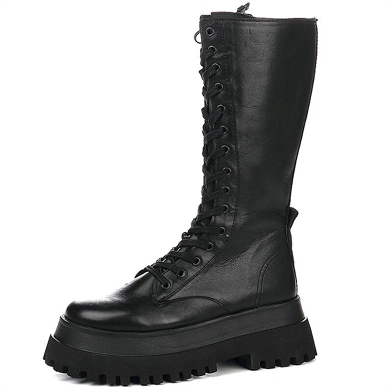 Plate-forme Bottes Mi-mollet Bottes En Cuir pour Femme À Lacets Chunky Semelle Bottes Femmes Chaussures D'hiver