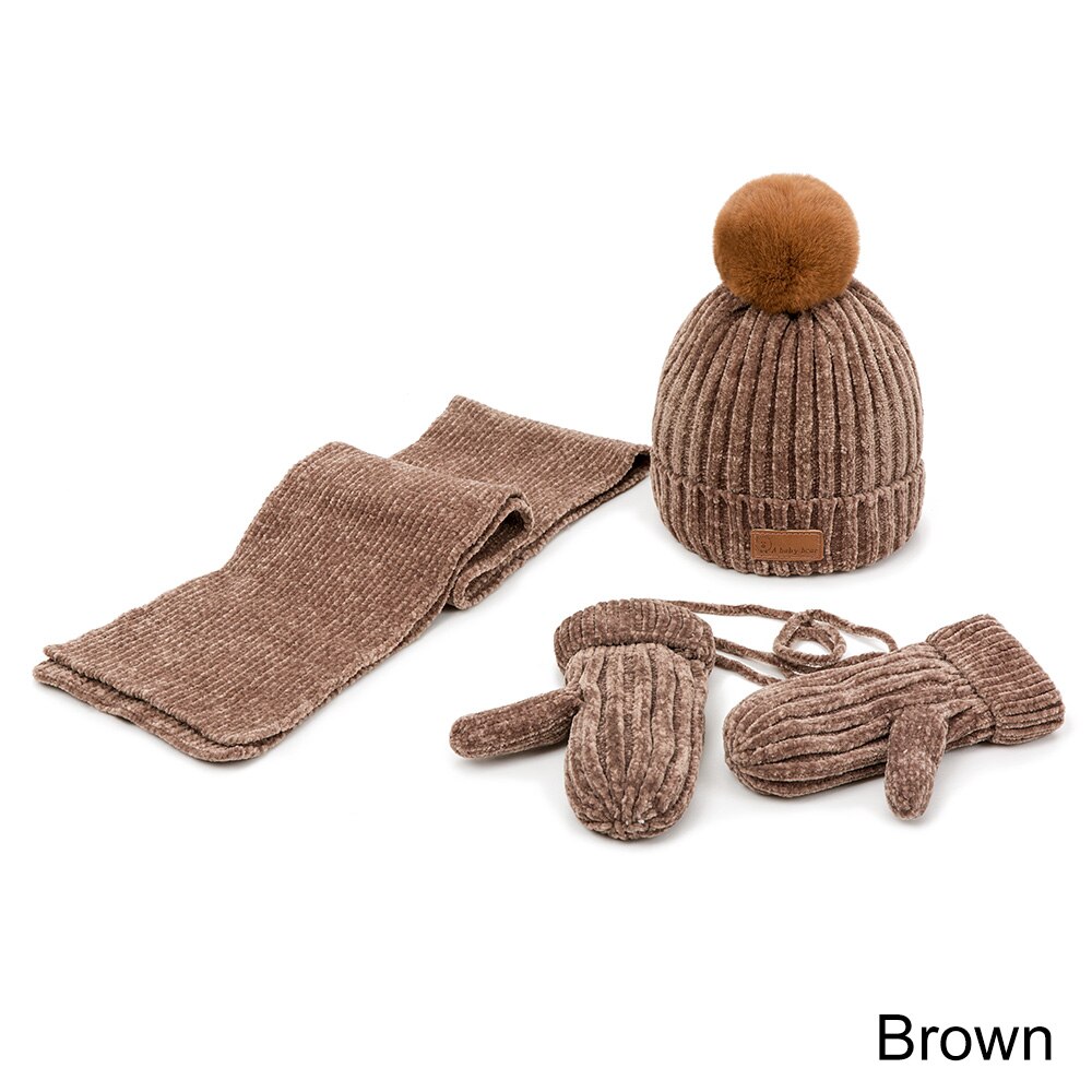 Reakids baby meisjes muts sjaal handschoenen set winter warme dikke muts met haarbal zachte comfortabele outdoor muts jongens katoenen muts pak: Bruin