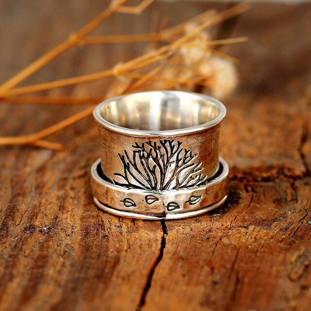 Retro Dandelion Fidget Spinner Rings for Women Anti Stress Anxiety Ring Rotatable Carved Spinning Ring Vintage Gothic Jewelry: 11 / ring 2