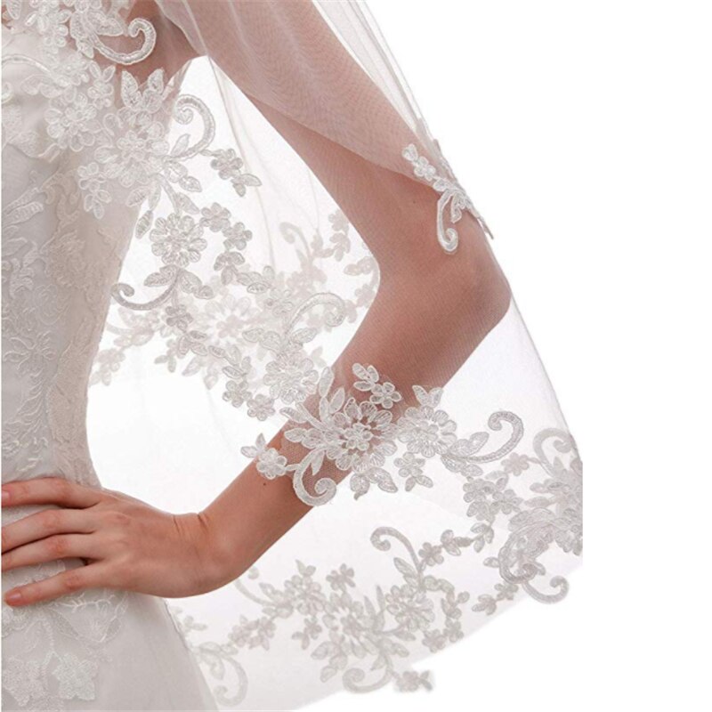 Belle dentelle côté incrusté fleurs mariage mariée voile une couche de gaze blanche doux net insérer peigne diadème mariée châle court voile