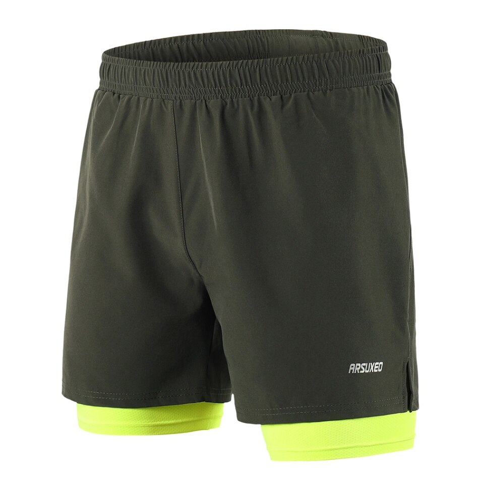 Lixada Männer 2 in 1 Laufhose Schnell Trocknend Atmungs Aktiven Training Übung Joggen Marathon Radfahren Shorts: Army green / L