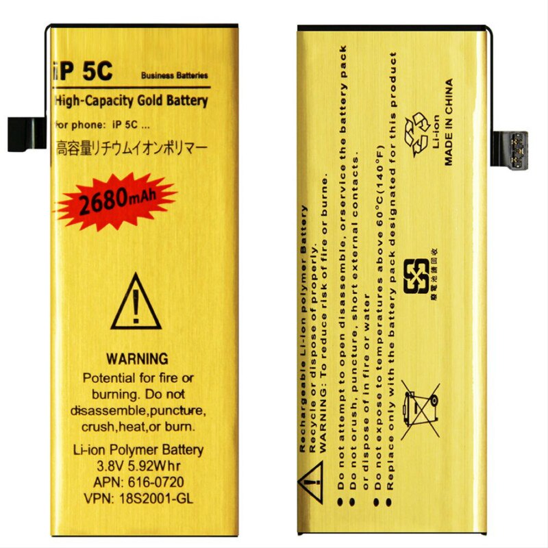 Hoge Capaciteit 2680 Mah Gold Vervangende Batterij Voor IPhone5 Iphone 5 5S 5C Batterij Ip5 Ip5s Ip5c: For iPhone 5C