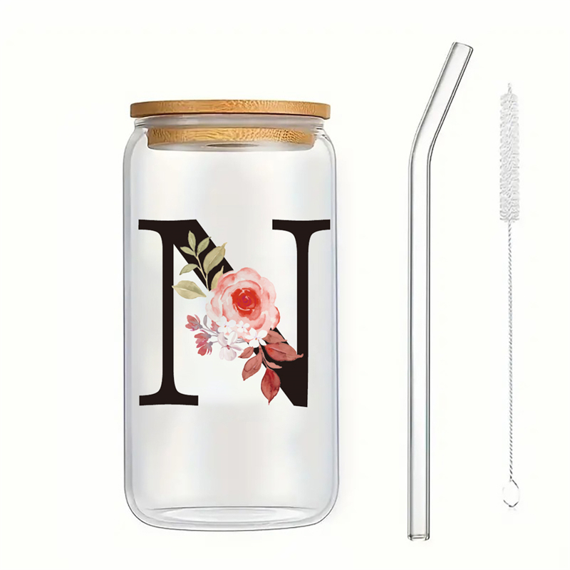 Alphabet Flowers Drinking Glass Letter A-Z Iced Coffee Water Juice Bottle Portable Clear Cup with Lid Straw Brush Birthday: Burgundy