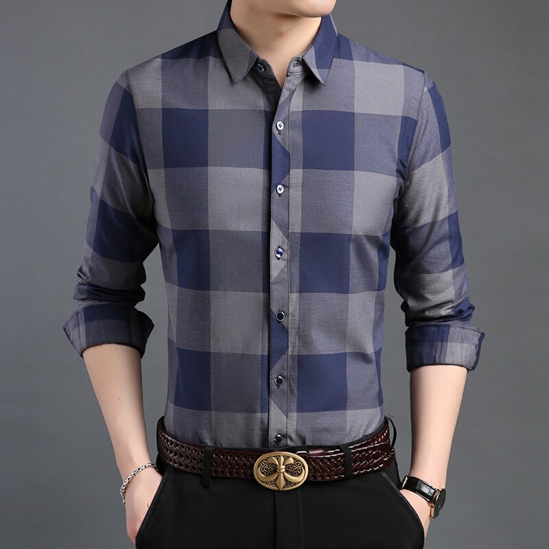 de chemise homme Plaid coupe ajustée vêtements de rue à manches longues bouton Up coréen entraînement décontracté hommes vêtements: Bluegray / XXXL