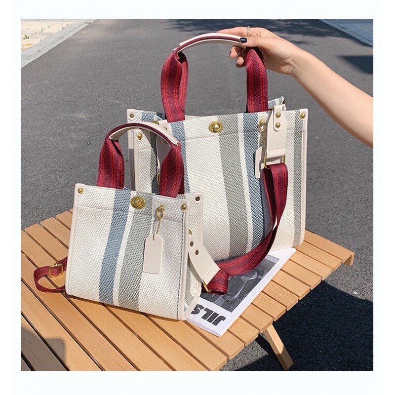 Mode Gestreepte Canvas Vrouwen Schoudertas Grote Capaciteit Shopper Tassen Voor Vrouwen Casual Brede Band Handtas Vrouwen Tas Pendelen tote: Blue / small