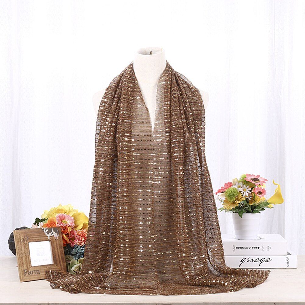 Jedwabny szalik cekinowy pałąk muzułmanie turban moda szalik góra wiosna jesień szale popularny styl malezja szyfon Hijabs: 011 kawa