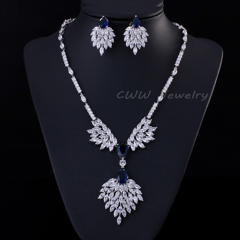 CWWZircons Marca Designer de Acessórios Do Casamento de Noiva Conjunto de Jóias Big Drop Red Cubic Zirconia Colar e Brincos de Noiva T231: blue