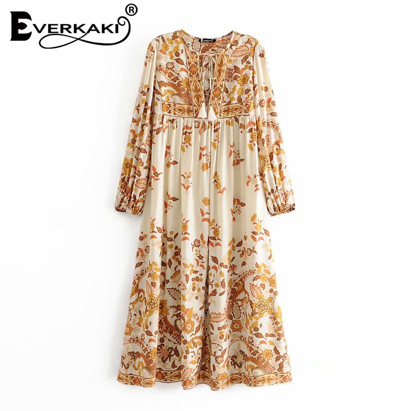 Everkaki, vestido largo bohemio con estampado Floral para mujer, Vestidos étnicos de verano para mujer, Maxi Vestidos sueltos, Casual para mujer, primavera ,
