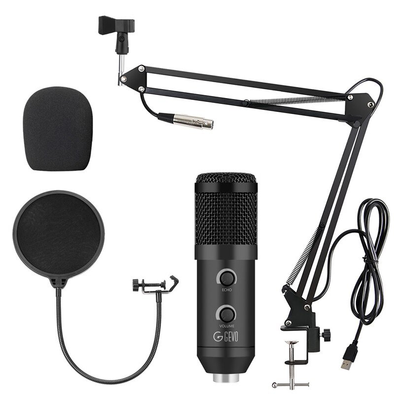 Micrófono USB condensador GEVO BM 900 con cable y micrófono trípode para grabación de ordenador PC, estudio de canto, Karaoke actualizado desde BM 800: Black NB-35 Filter
