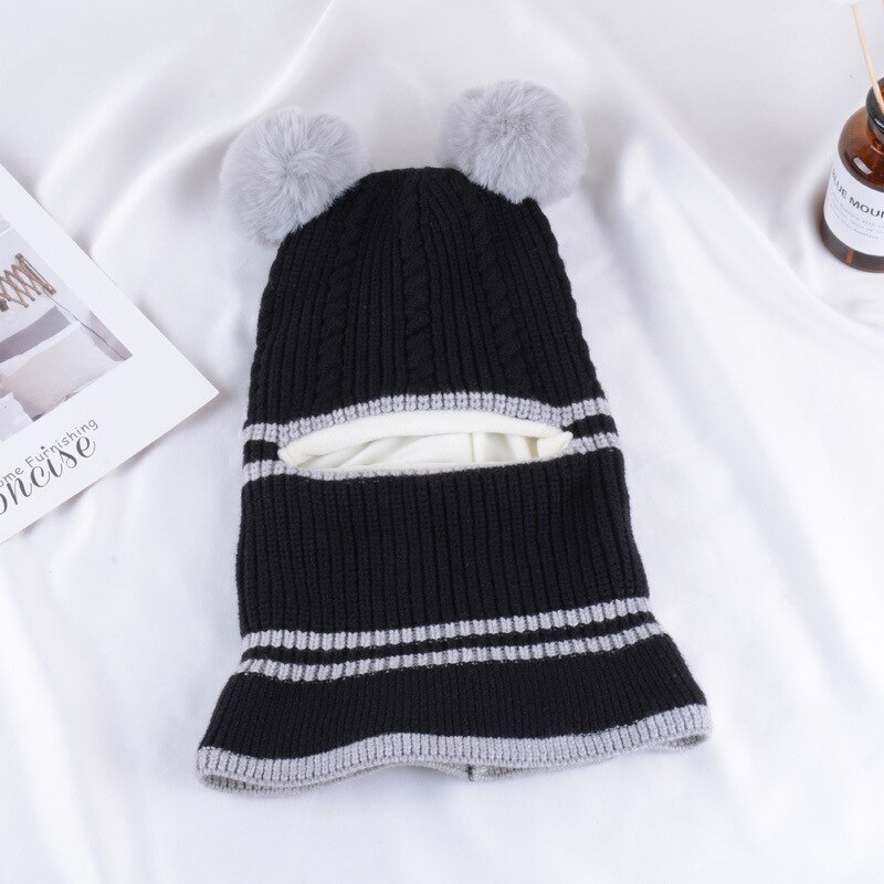 Winter baby muts sjaal jongen meisje gewricht muts peuter kinderen kind warme pompon ster muts gebreide nek plus fluwelen warmer 2-5: Hoedbal - zwart