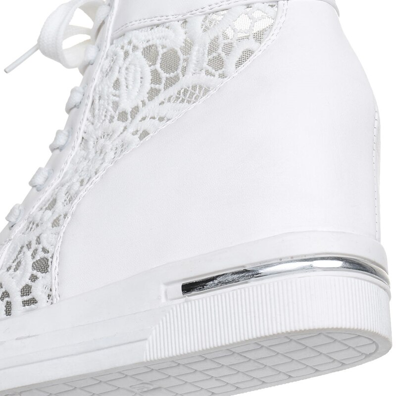 Baskets en cuir à semelle compensée pour femmes, chaussures à talons hauts, à bout pointu, blanches et argentées, C130