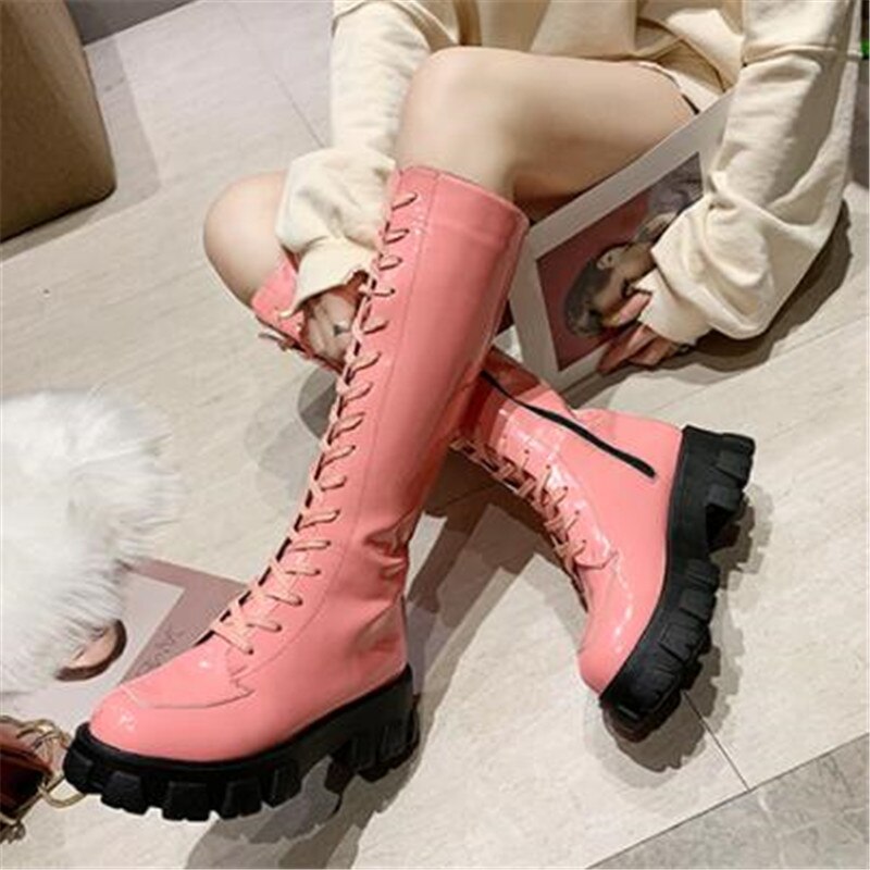 Herfst Night Club Hoge Hakken Schoenen Vrouwen Kniehoge Laarzen Lakleer Platform Laarzen Winter Lange Motorlaarzen Vrouw zwart