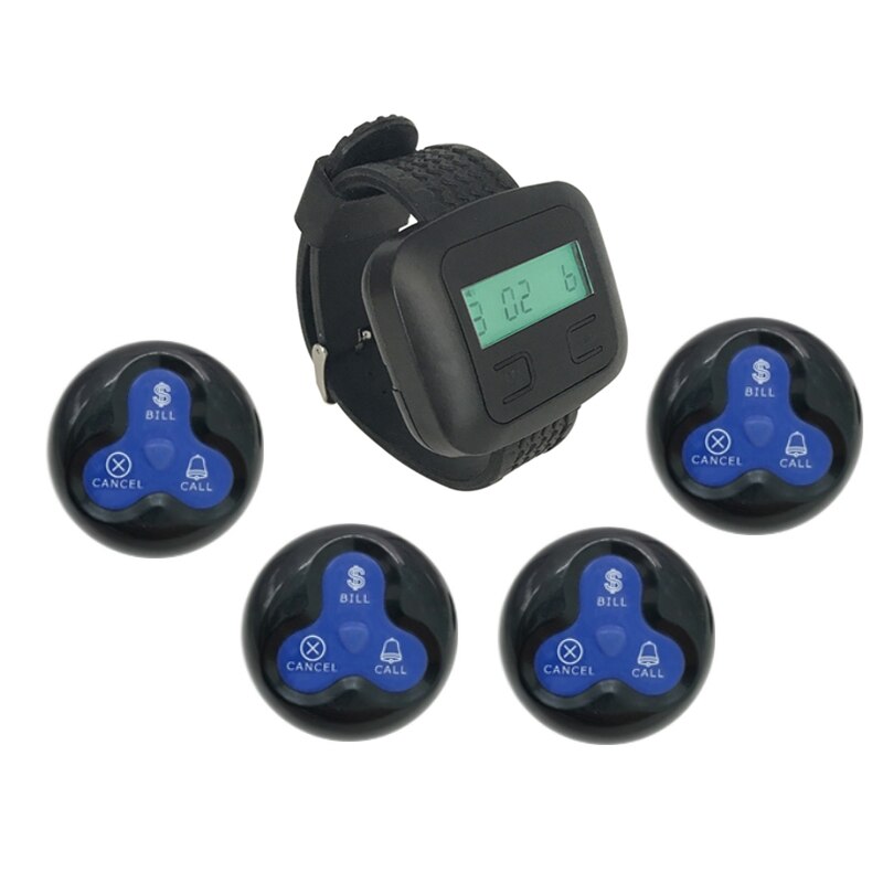 Wireless Paging System 1 Wristwatch Receiver+ 4 Waterproof Button Transmitter for Restaurant Guest Call Waiter Service: Black bule