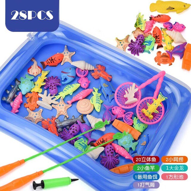 Juego de pesca con imanes para niños, juguetes de agua con imán de piscina inflable, caña de pescar, 15-68 piezas: 28pcs with pool