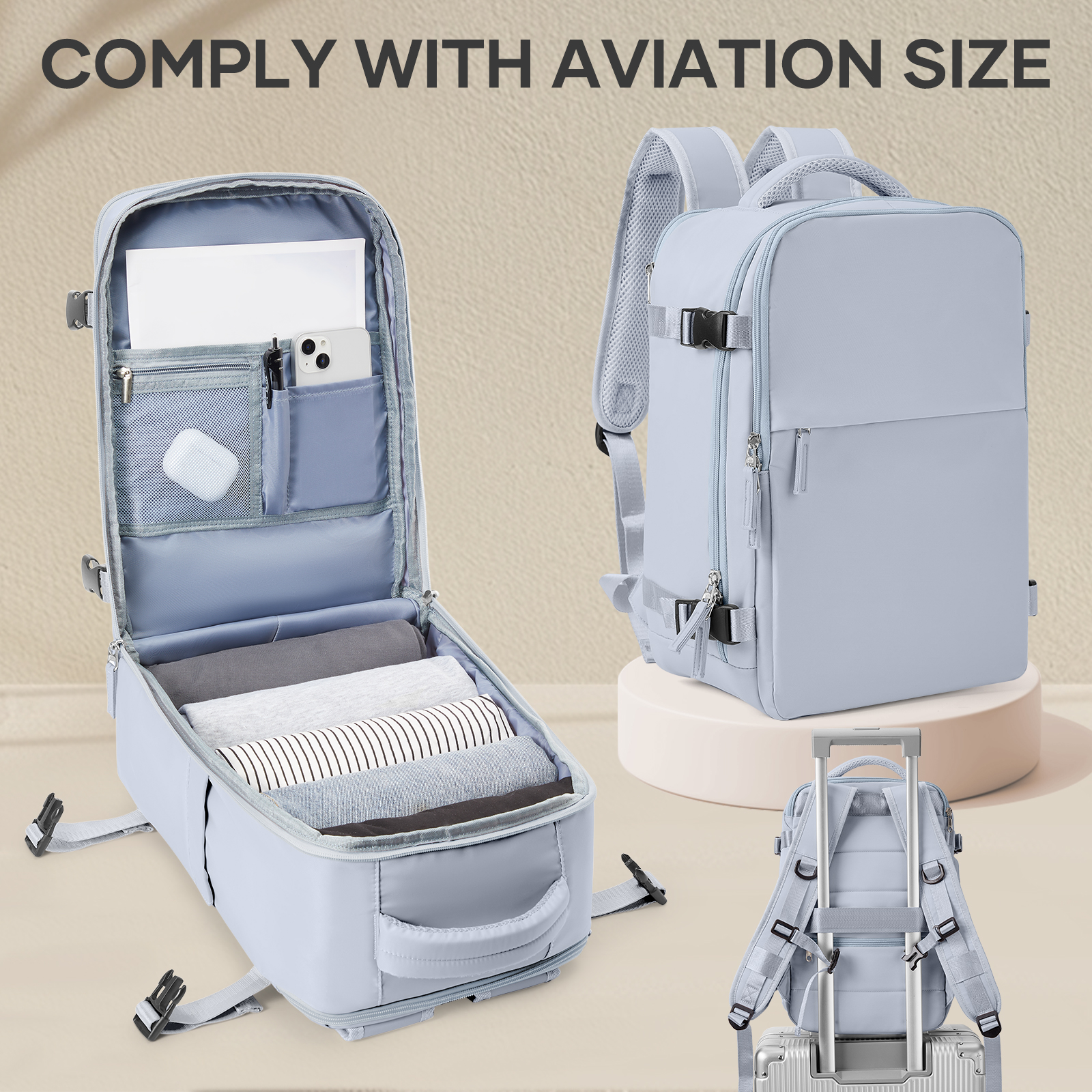 Mochila de viaje Ryanair avión 40x25x20 bolsa de cabina, mochila de trabajo para ordenador portátil para hombres, equipaje de mano mochila Ryanair mochila femenina: Azul cielo