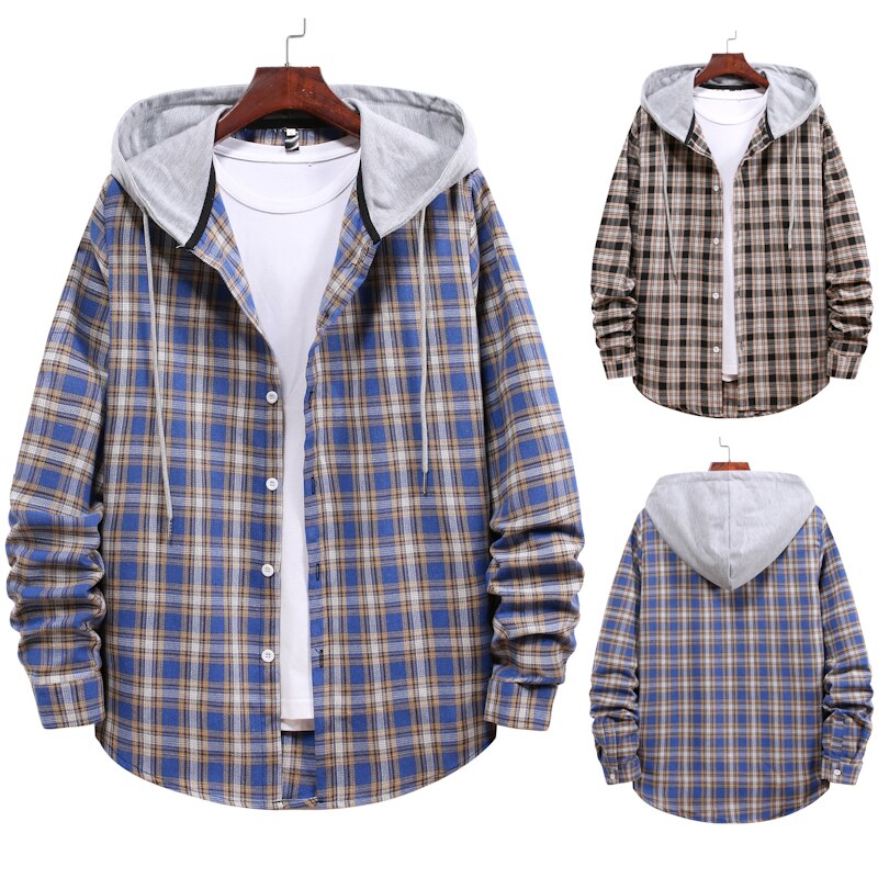 Chemise à capuche à manches longues pour homme, coupe slim, printemps-automne, à carreaux, décontractée, grande taille