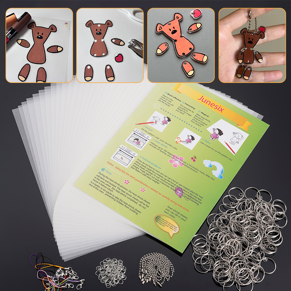 Juego de hojas de plástico termorretráctil, Kit de hojas de papel de película artística retráctil, adornos de llavero DIY, adorno artesanal , álbum de recortes